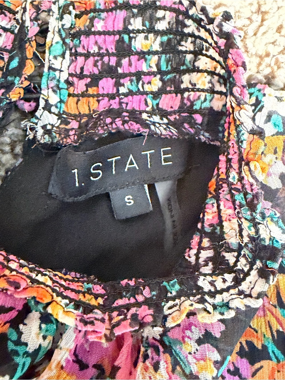 1.STATE Floral Smocked Mock Neck Ruffle Sleeve Mini Dress Black Pink Size Small - Picture 8 of 9